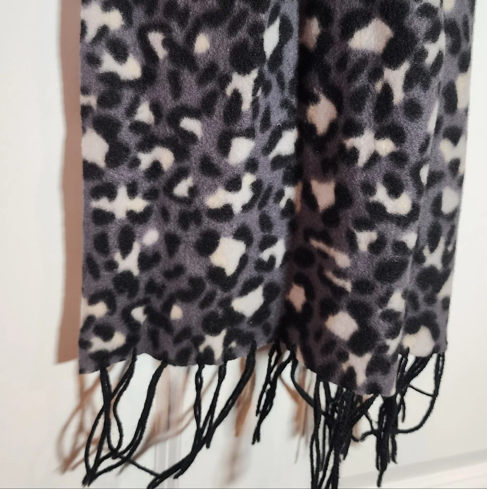 Fleece Leopard Print Scarf with Fringe